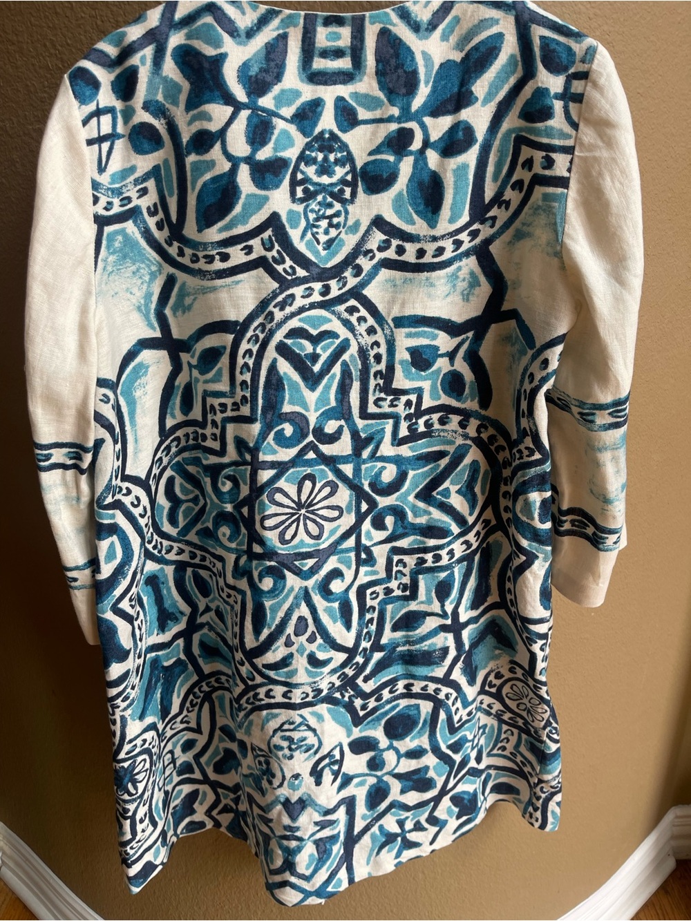 Chico's Artisan Batik Watercolor 100% Linen Jacket Blue Cream Size 2 L - Picture 5 of 9